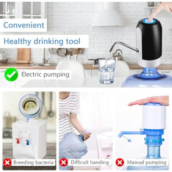 Gallonan vesipumppu, 5 gallonan vesipullopumppu, USB-ladattava automaattinen juomavesipumppu, kannettava sähköinen vesiannostelija, vesipullon kytkin