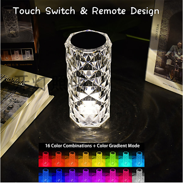 XJ-Ros nattlampe oppladbar touch+fjernkontroll RGB 16 farger lys