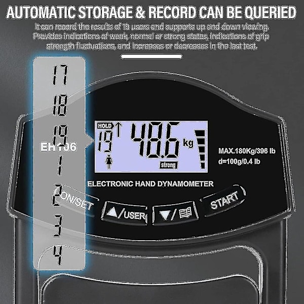 Grebstyrketester, 180 kg Digital Hånddynamometer Grebstyrketester USB LCD-skærm Hånd