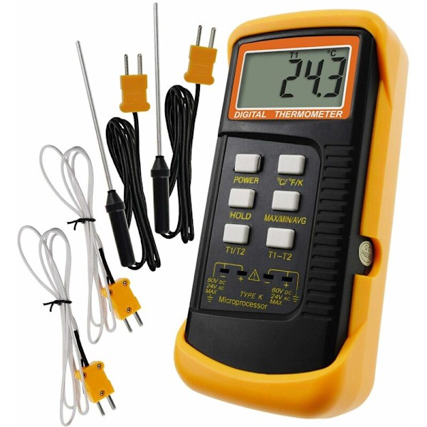 Typ K-termometer med 1300°C termoelementsensor (°C, °F och K med 4 termoelement (trådbundna och rostfria)