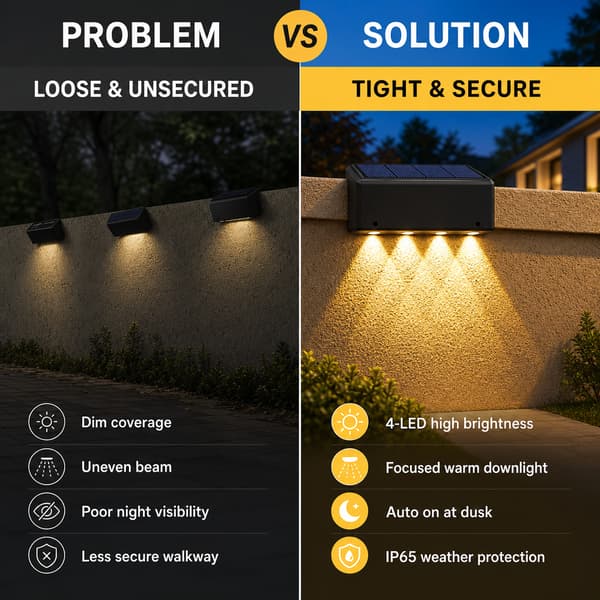Sæt med 4 4-LED Solar Hegnslamper, Lyse Varme Udendørs Dækslamper, Sort 4 lights (warm light) Four packs