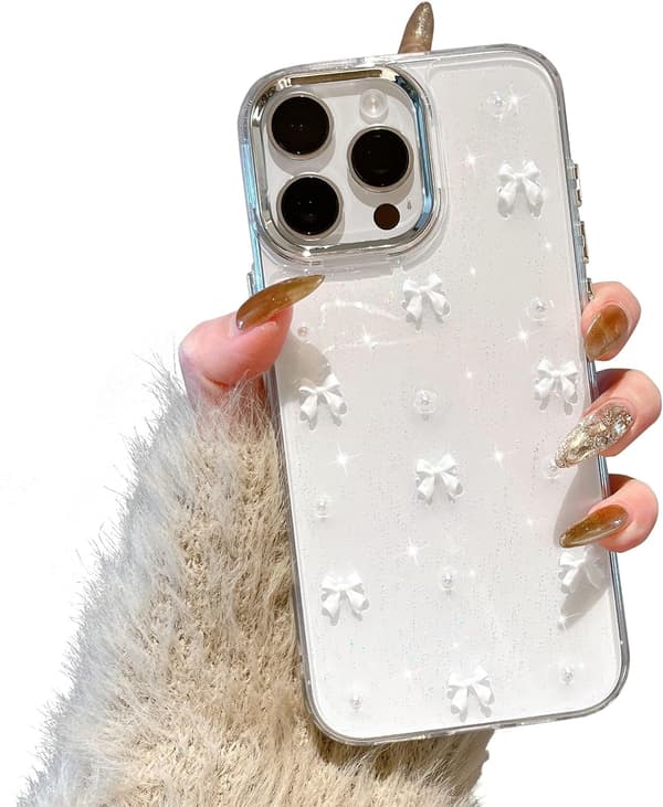 Compatible with iPhone 16 Pro, Bling Glitter 3D Bow Phone Case Cute Sparkly Crystal Clear Bow Slim Soft Durable Protective Cover White Whit White iPhone 16 Pro