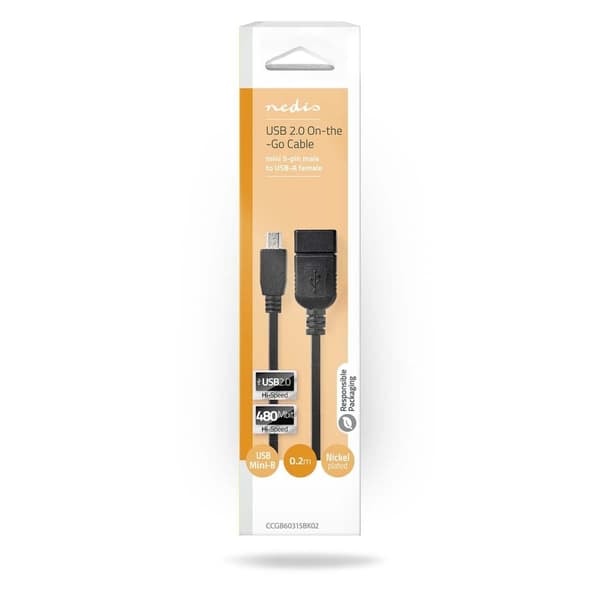 XJ-USB-adapter | USB 2.0 | Mini 5-Pin Han | USB-A Hun | 480 Mbps | OTG | 0,20 m | Rund | Nikkelbelagt | Sort | Æske