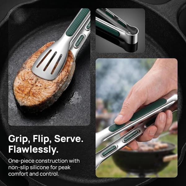 Sæt med 3 køkkentænger i rustfrit stål, skridsikkert greb, varmebestandige serveringstænger til grill, madlavning og buffet