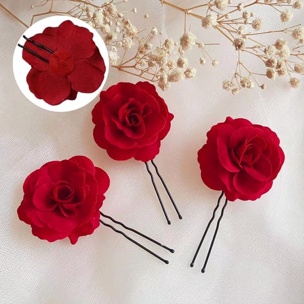 Ros U-formade hårnålar, set om 6, håraccessoarer med tygblommor för kvinnor, flickor, bröllopsfester, dagligt bruk, röd