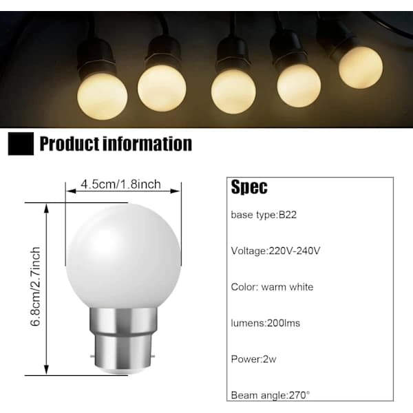 B22 Bajonettlampor - 20-pack 2W Festoon LED-lampor - Varmvit [Energiklass B]