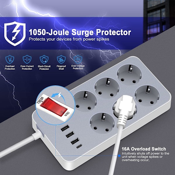 XJ-Smart pistorasia 4 portilla 3 USB A 1 USB C 6 monipistorasialla Ylijännitesuoja 1,2 m kaapeli