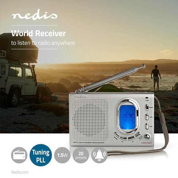 XJ-Verdensradio | Portabel design | AM / FM / SW | Batteridrevet / Strømadapter | Digital | 1.5 W | Hodetelefonutgang | Vekkerklokke | Sovetimer | Grå