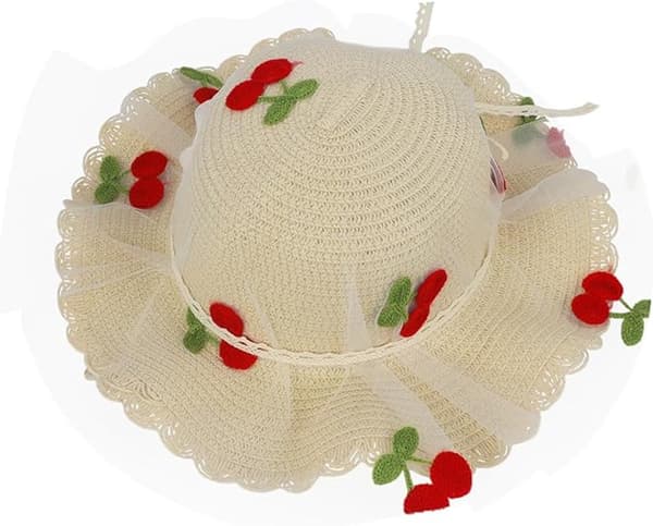 Flickors stråsolhatt, UPF 50+ UV-skydd, spetsrosett, körsbärsbroderi, hakrem, strandhatt, ålder 2-5 år, beige, 50-52 cm