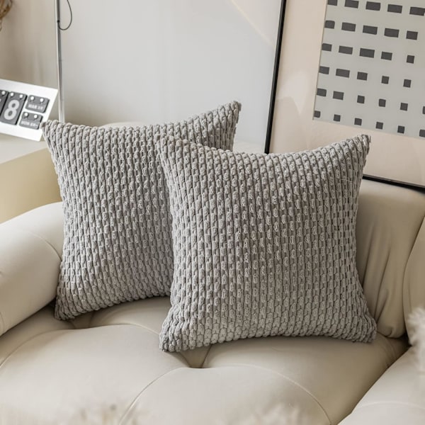 XJ-Set med 2 dekorativa kuddfodral för soffa, randiga sammetskuddfodral 40x40cm, 16 x 16 tum, ljusgrå
