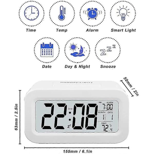 Rechargeable Alarm Clocks, Digital Alarm Clock Bedside Outlet with Smart Light Sensor, 12/24 Hour Date White