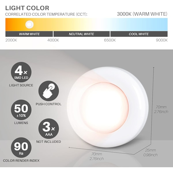Tryckljus Push Lights Mini Touch Press Spot Lights Inomhus Bärbar LED Stick on Puck Lights Batteridriven för under skåp Warm White