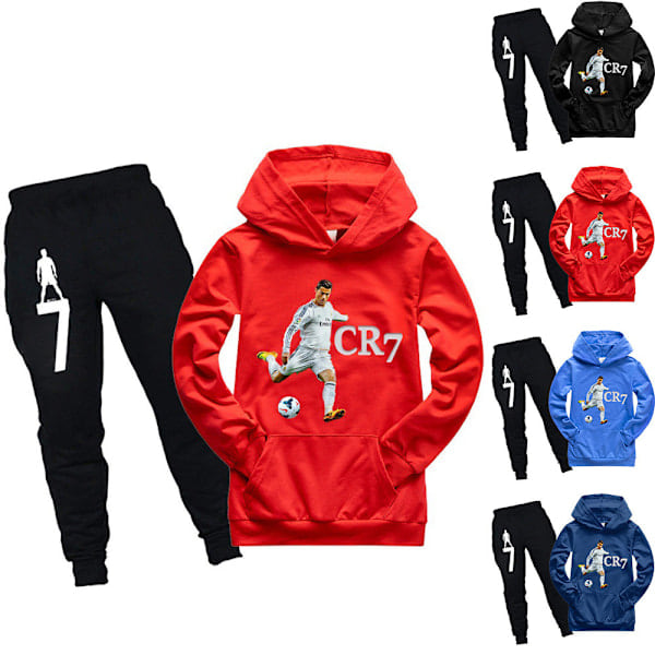 Ronaldo CR7 Barn Hoodie Sweatshirt Huvtröja Toppar+Byxor Träningsoverall Outfits Svart 140cm