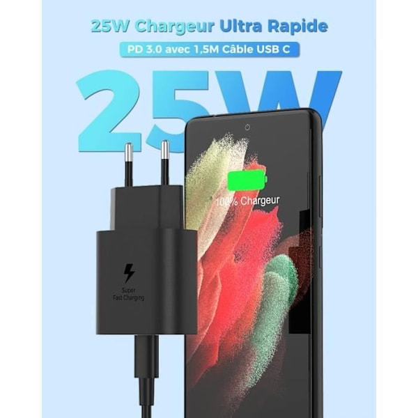 25W USB C Supersnabbladdare för Samsung Galaxy A13 4G, A33, A53 5G, S21, S21 Ultra, S21 Plus, S21 FE 5G, S22, A94