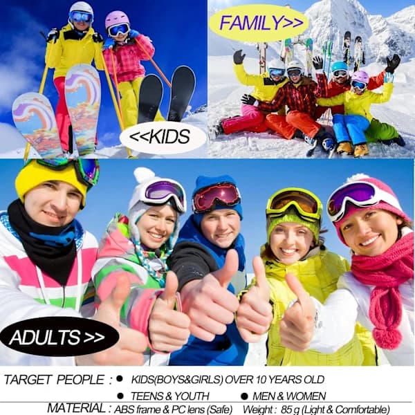 3-pak snowboardbriller til børn, mænd og kvinder - sort, pink, hvid
