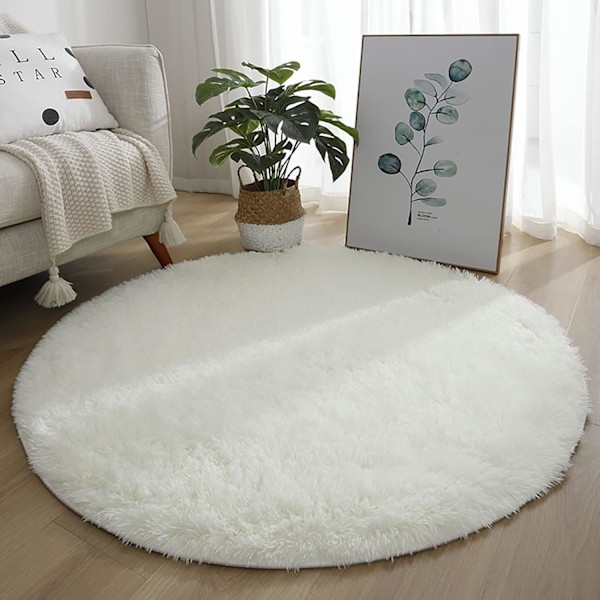 XJ-Rund matta, modern ryamatta, sovrumsmatta, bekväm mjuk halkfri ryamatta, fluffig matta, vit, 60 cm/24 tum