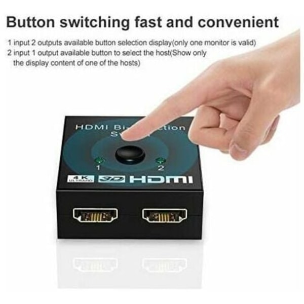 HDMI-switch, HDMI-splitter 4K Bi-Directionell Adapter 2 in 1 ut eller 1 in 2 ut Switch, Stöd för 3D 4K 1080P, HDCP, HDMI-switch för HDTV/Blu-Ray-spelare/