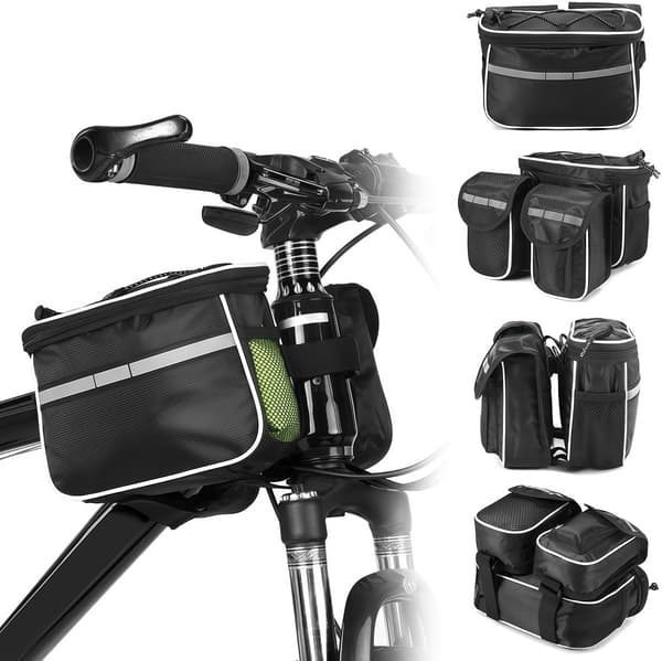 Cykelstyrtaske, rivefast polyester, reflekterende striber, regnslag, aftagelig skulderrem, til pendling, sort