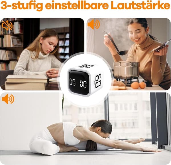 Pomodoro-timer, roterende kube-nedtellingstimer med USB-C oppladbart batteri og magnetisk base for studier, kjøkken, kontor, hvit