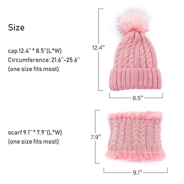 Dam Pom Mössa Halsduk Set Flickor Vinter Skidmössa Slouchy Stickad Mössa Med Fleecefoder (Rosa) [pl]