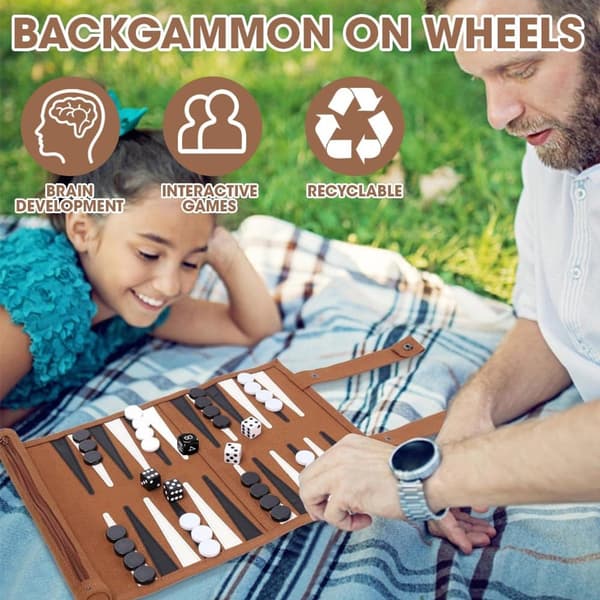 Ihoprullbart Backgammon-set för resor, bärbart och lätt brädspel i konstläder med blixtlåsficka för husbilsresor, barn och vuxna