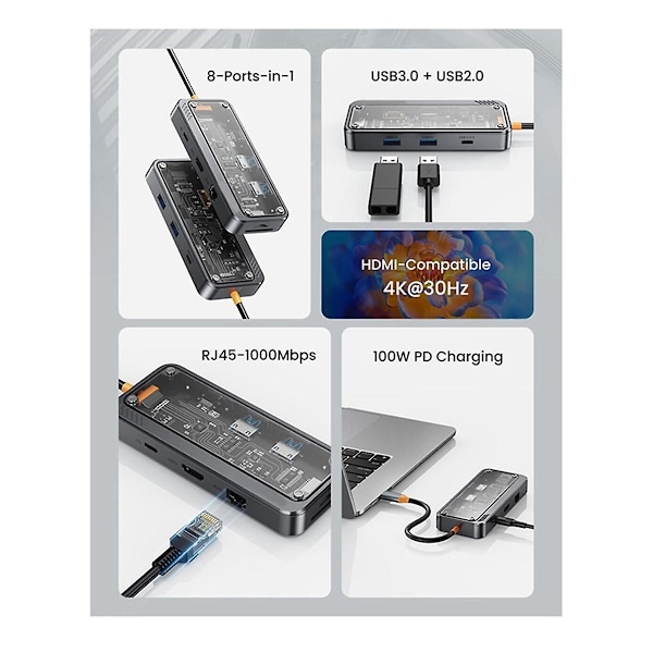 XJ-USB-C Hub 8-i-1 Typ-C 3.1 till 4K Adapter 5GB RJ45 SD/TF Kortläsare Hub USB 3.0 100W PD Snabbladdning