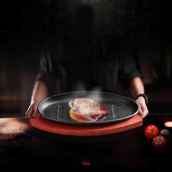 XJ-3 Størrelser Støpejernstek Fajita Sizzling Plate Tallerken Bbq Grillpanne Matlaging Treholder Hh20 (YJD)
