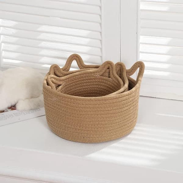 Vävda förvaringskorgar, 100 % bomullsrep, kattöronsdesign, set om 3 för barnkammare, sovrum och vardagsrum, brun, S/M/L
