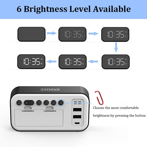 XJ-LED Digital Väggklocka Sängbordsklocka med Sladd, 5 LED Digital Display Snooze Väggklocka, 12/24 Timmar, 6 Ljusstyrkenivåer, Snooze-funktion, Vit