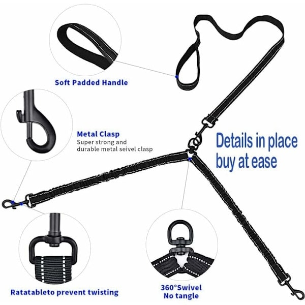 Koppel for 2 hunder, flokefritt dobbeltkoppel for hundeturer i trening 360° roterbar justerbar reflekterende lengde dobbel line for to