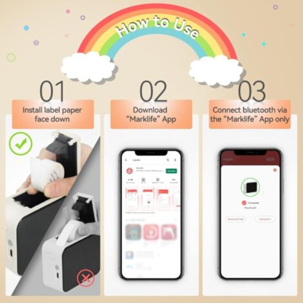 Bluetooth-tarratulostin, P15 Mini -tarratulostin, sovellusyhteys, yhteensopiva iOS:n ja Androidin kanssa, ihanteellinen kotiin, toimistoon ja kouluun (beige)