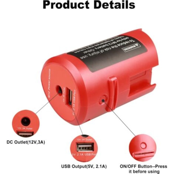 M12 USB Strømadapter til Milwaukee M12 12V Batteri med 2.1A USB-port og 12V DC-udgang, Bærbar USB-enhed Opladningsadapter (Kun adapter)