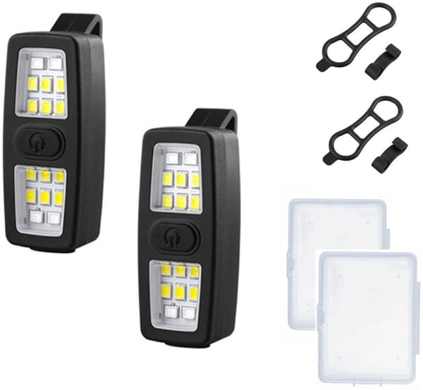 2-pak clip-on pandelamper, USB-C genopladelige, 7 lystilstande, 200 lumen, til løb, camping og vandreture, sort