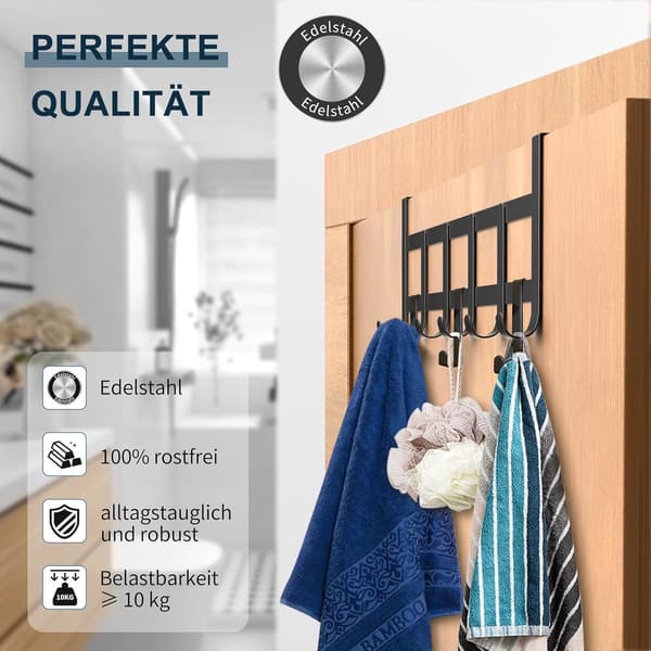 Dørkrogstativ, pladsbesparende knagerække i rustfrit stål med 5 dobbeltkroge, borefri montering til badeværelse, soveværelse, tøj, håndklæder, sort