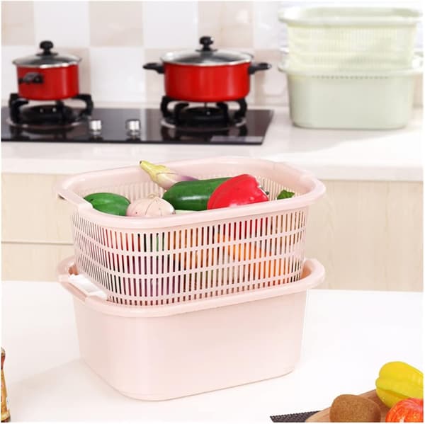 Double-Layer Multifunctional Vegetable Washing Bowl with Drain Basket - Thickened Large Plastic Kitchen Colander for Fruits & Vegetables Blue