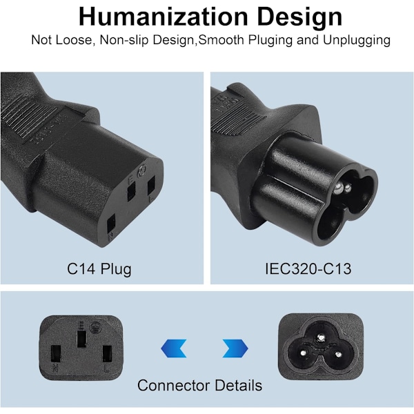 XJ-C13 till C6 strömadapter IEC 320 C13 hona till C6 hane 3-stifts AC-omvandlaruttag (2-pack)