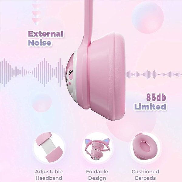 XJ-Bluetooth hovedtelefoner til børn, sammenklappelige trådløse hovedtelefoner med LED-lys, katteøre gaming headset
