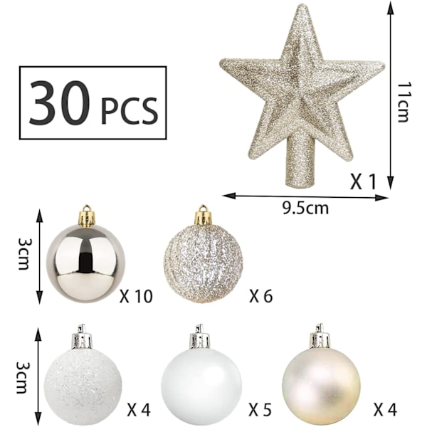 30 st Mini Julgranskulor med Hängare, 3CM Små Guld och Vita Julgranskulor