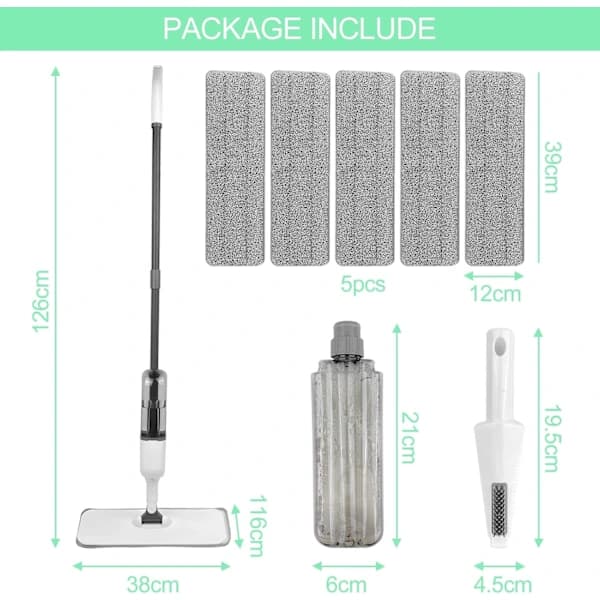 Spraymopp, gulvrengjøringsmopper, flat spraymopp, mikrofibermopp med 5 gjenbrukbare puter og skrape