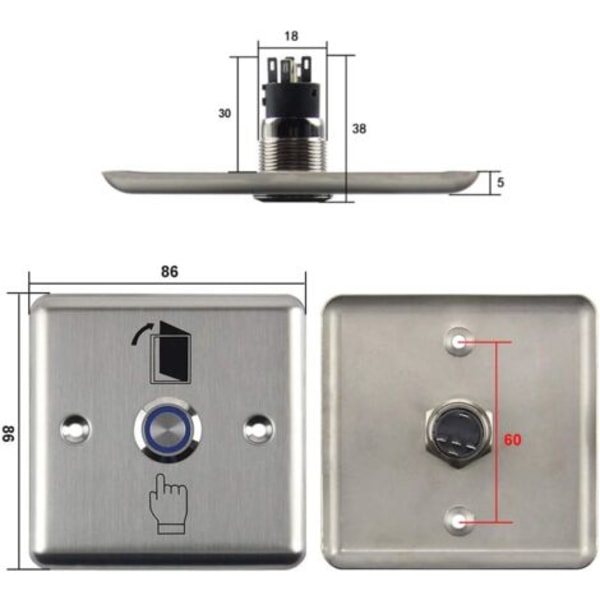 Ruostumattomasta teräksestä valmistettu oven avauspainike LED-valolla kodin kulunvalvontajärjestelmään (8686mm)