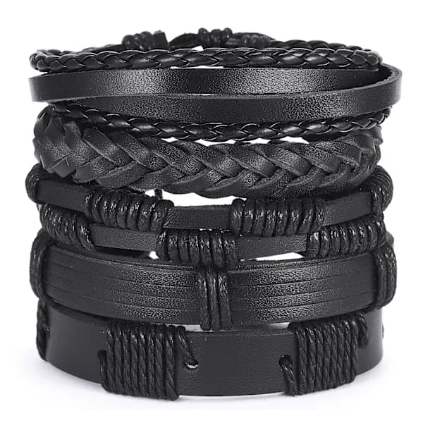 5-pak Håndlavede Læderarmbånd Herrearmbånd Sort Sæt[pl]