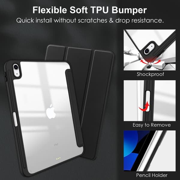 iPad Mini 6 Cover med Trefoldig Stand, Automatisk Vågn/Dvale, Magnetisk Lukning, PU Frontcover til Daglig Brug, Sort