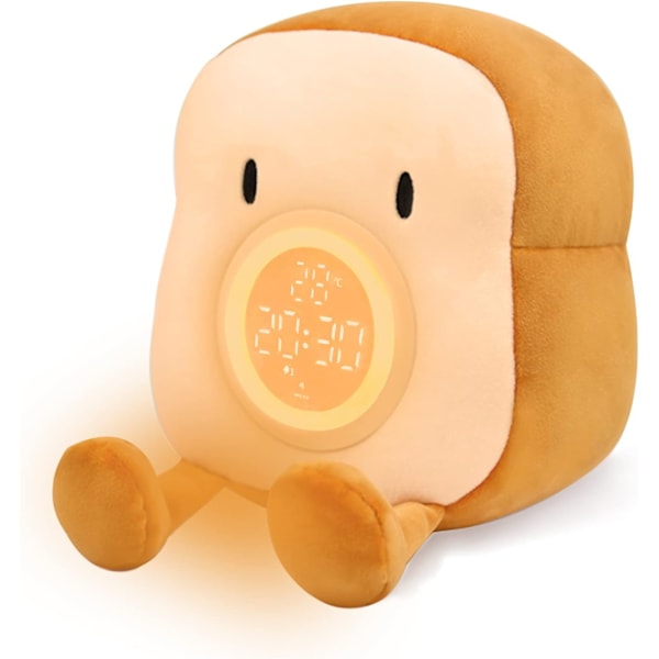 XJ-Mjukisdyr Nattlampe Vekkerklokke for Barn, Multi-i-ett Koselig Toast Plysj Sengeklokke med Dobbel Alarm og Snooze, Dimbar Sengelampe