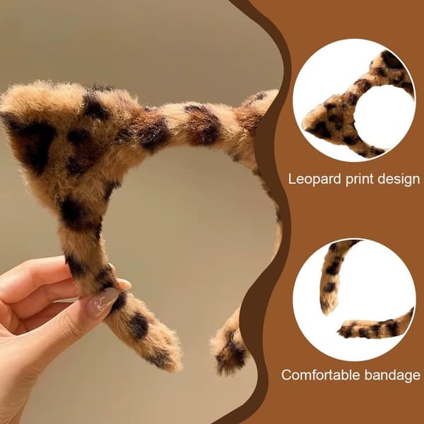Leopard Katteøre Hårbøjlesæt, Blødt Polyester Dyreører Kostume Tilbehør til Kvinder Piger Cosplay Fest, 2 Pak Leopardprint