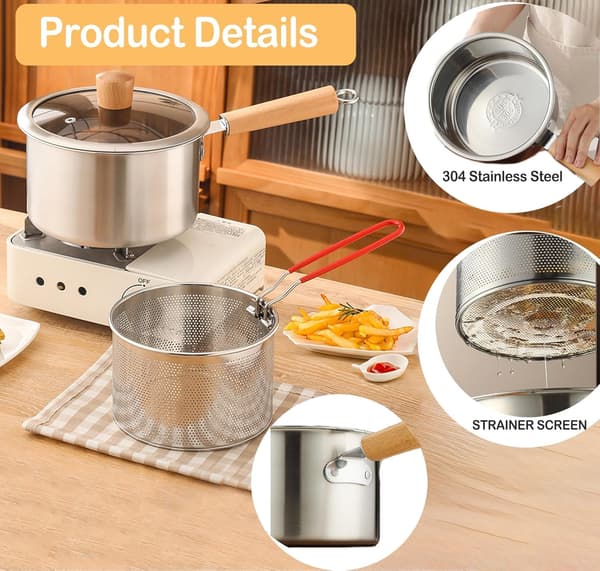 8\" dyp stekepanne med trehåndtak og frityrkurv (sølv) Deep fryer + strainer + lid + clips