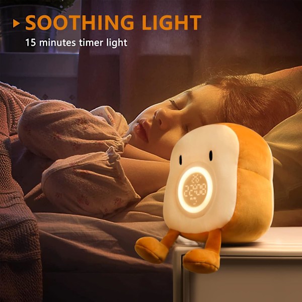 XJ-Mjukisdyr Nattlampe Vekkerklokke for Barn, Multi-i-ett Koselig Toast Plysj Sengeklokke med Dobbel Alarm og Snooze, Dimbar Sengelampe
