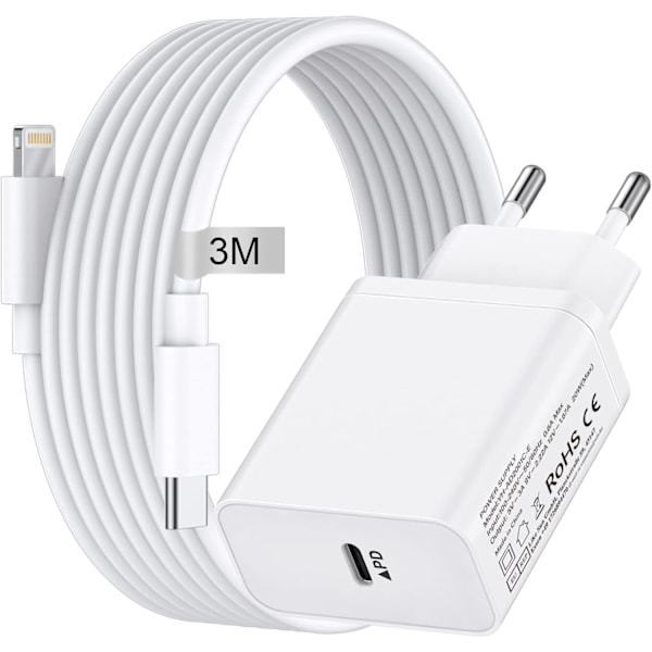 XJ-iPhone Snabbladdare USB-C Strömadapter 20W (14/13/12/11) + 3m Kabel vit USB-C 3 meter