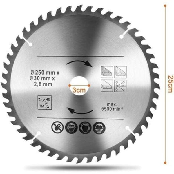 2 stk. 250 x 30 mm sirkelsagblader, 48T & 60T TCT karbid sirkelsagblad, bor for naturlig tre, hardtre, kryssfiner