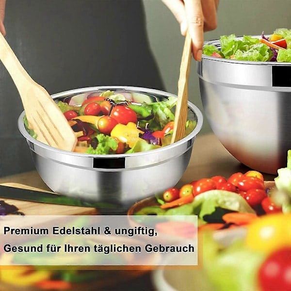 5 stk. Blandeskåle, Rustfrit Stål Salatskål med Lufttæt Låg & Skridsikker Bund, Serveringsskål til Køkken Sort sølv