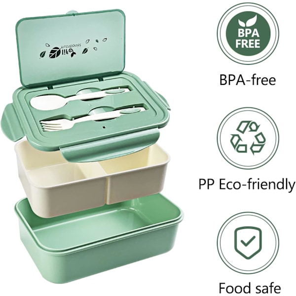 XJ-Lunchlåda med 3 fack, sked och gaffel, 1400 ml, BPA-fri matlåda, läckagesäker, mikrovågssäker och diskmaskinssäker